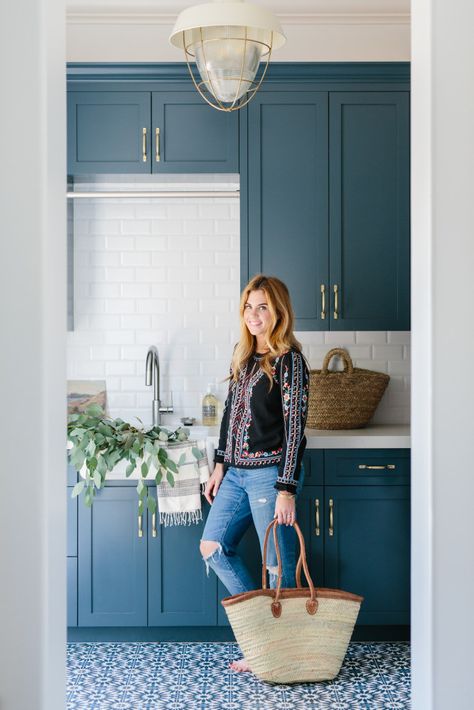 Shea McGee of Studio McGee Shares Her Career Advice Cabinets Mudroom, Shea Mcgee Style, Farmhouse Mudroom, Cement Tile Floor, Shea Mcgee, Interior Design Classes, Blue Kitchen Cabinets, Farmhouse Laundry, Farmhouse Laundry Room