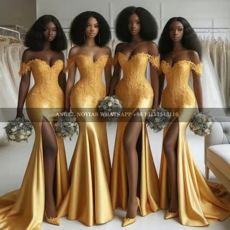 #bridesmaid #wedding party #africa #bride #bridesmaid dress Gold Dress Maid Of Honor, Gold Dress For Bridesmaids, Gold Maid Of Honor Dress Long Sleeve, Golden Evening Dress, Gold Maid Of Honor Dress Gowns, Bronze Bridesmaids Dresses, Champagne Color Bridesmaid Dresses, Traditional Bridesmaid Dresses African, Same Color Different Style Bridesmaid