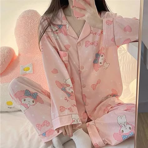 My Melody Pajamas, Kawaii Pjs, Melody Pajamas, Pjs Ideas, Cute Pyjamas, Sanrio Items, Cute Korean Fashion, Streetwear Cargo Pants, Kitty Makeup