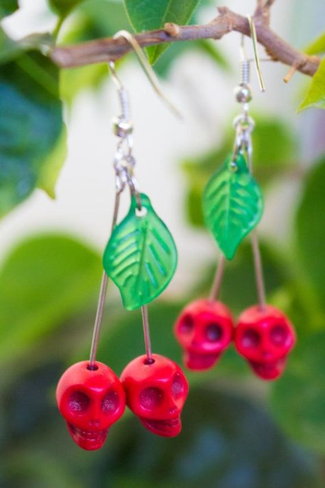 Pinup Jewelry, Acrylic Leaves, Ghoulia Yelps, Red Gothic, Weird Jewelry, Skull Beads, Rockabilly Pinup, Quirky Earrings, Cherry Earrings