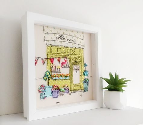 Scrape Art, Helen Newton, Sewing Pictures, Craft Pictures, Pretty Scene, Framed Textile, Freehand Machine Embroidery, Village Shop, Christmas Craft Projects