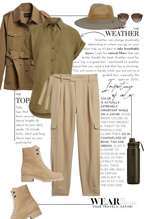 Wear To Wander, Safari Outfit Women, Africa Safari Clothes, Nature Outfits, Safari Outfit, Safari Outfits, Easy Outfits, Safari Chic, Africa Do Sul