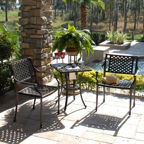 Savannah 3 Piece Bistro Set Small Sitting Area, Patio Fan, Small Table And Chairs, Cement Patio, 3 Piece Bistro Set, Outdoor Seating Set, Aluminum Chairs, Southern Life, Outdoor Bistro Set