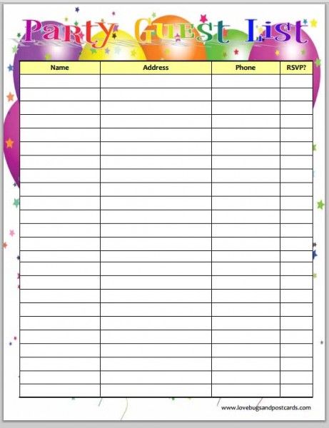 party-guest-list-printable Party Guest List Template, Wedding Guest List Printable, Birthday Party Planning Checklist, Guest Checklist, Checklist Design, Guest List Template, Wedding Guest List Template, Birthday Party Checklist, Wedding Checklist Printable