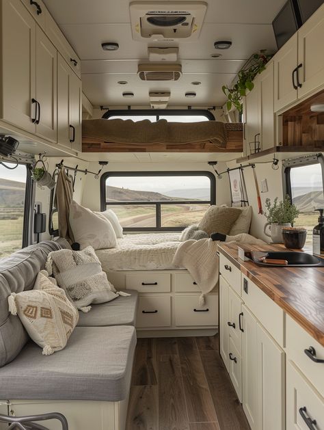 47 Remote Working RV Setup Inspo – TastyInteriors Rv Aesthetic Interior, Campervan Interior Ideas, Rv Aesthetic, Bus Renovation, Rv Kitchen Remodel, Small Camper Interior, Van Builds, Rv Interior Design, Travel Vans