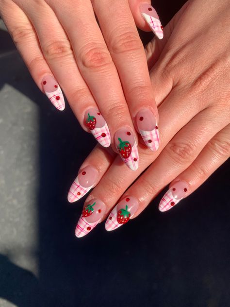 French tip nails rhinestones Strawberry Pearl Nails, Short Almond Nails Strawberry, Valentines Day Nails French Tip Almond, Strawberry Gel X Nails, Frog And Strawberry Nails, Pink And Red Strawberry Nails, Strawberry Nails Stiletto, Strawberry Picnic Nails, Cherry Theme Nails