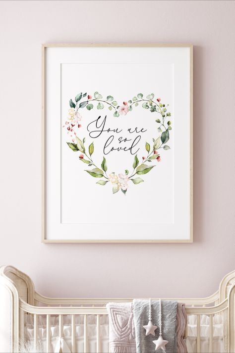 You Are So Loved Print With Watercolor Floral Greenery Wreath Ecoline Watercolor, Girl Room Quotes, Water Paints, Etsy Nursery, Scripture Inspiration, Wall Art Heart, Wreath Wall Art