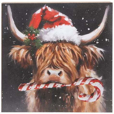 Candy Cane Highland Cow Wood Decor | Hobby Lobby | 206261119 Country Christmas Aesthetic Wallpaper, Iphone Mobile Wallpaper, Highland Cow Painting, Santa Paintings, Cow Wallpaper, Highland Cow Art, Highland Cow Canvas, Christmas Paintings On Canvas, Cow Decor