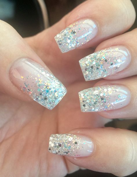 Coffin White Diamond Glitter Nails White Nails Gold Glitter Tips, Clear And Silver Acrylic Nails, Sparkly Diamond Nails, Nails For Vegas Trip Glitter, White Nails With Silver Glitter, Glitter Ombre Nails Coffin, Glittery Nail Ideas, Silver And White Nails, Sparkly Silver Nails