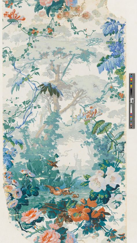 Wallpaper | 1969.222 -- Historic New England Ducks In Pond, Honeysuckle Vines, Sienna Orange, Blue Flamingo, Honeysuckle Vine, Historic New England, Burnt Sienna, Back Ground, Of Wallpaper