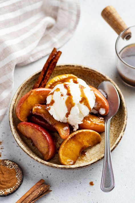 Caramelized apples topped with ice cream and caramel in a dessert bowl How To Caramelize Apples, French Rice, Caramelised Apple, Candy Almonds Recipe, Sauteed Apples, Apple Topping, Apple Ice Cream, Praline Recipe, Candied Carrots