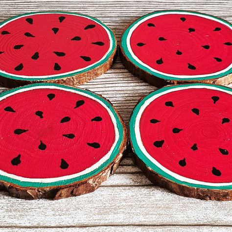 4 Watermelon Hand Painted Wood Slices Coasters Other Side Painted In White Iridescent , Can Be Used Both Sides, Varnished On Bothe Sides Wood Slices Measure From 3.5" To 4" H - 1 Watermelon Diy Crafts, Watermelon Ideas, Painted Wood Slices, Watermelon Diy, Watermelon Festival, Watermelon Painting, Watermelon Crafts, Painted Coasters, Mickey Mouse Mug