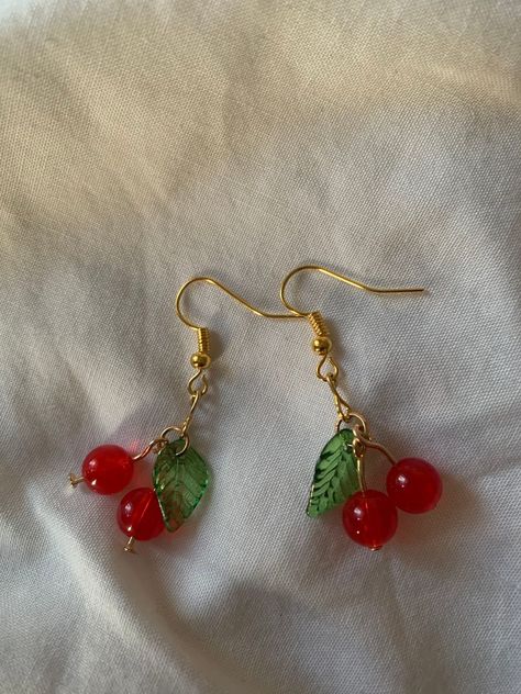 Diy Cherry Earrings, Cherry Earrings Outfit, Funky Earrings Diy, Jewellery Lookbook, Building Outfits, Cherry Jewelry, England Autumn, Creative Earrings, Cherry Drop Earrings