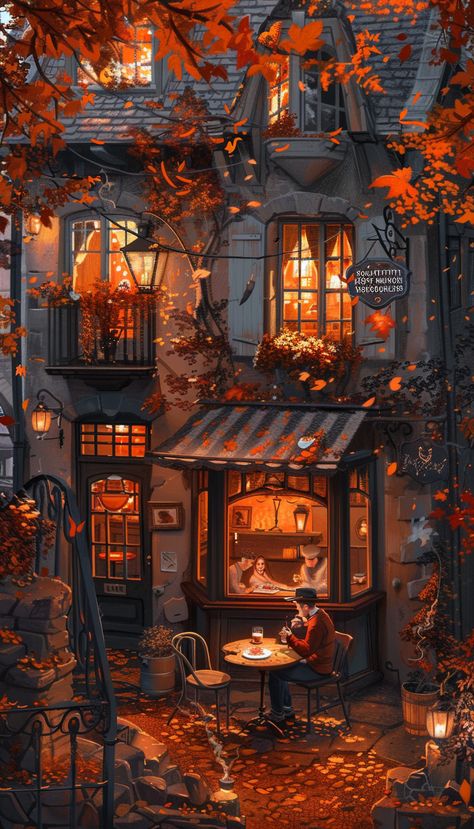 Autumn Background Illustration, Halloween Artwork Illustration, Cozy Autumn Wallpaper, Hogwarts Autumn, Window Autumn, British Autumn, Cozy City, Autumn Romance, Autumn House