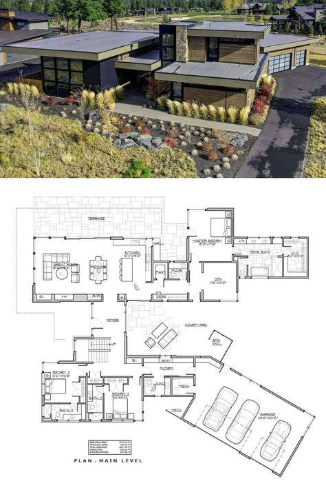 House Plan With 4 Car Garage, Four Bedroom House Plans Modern, Modern House With Courtyard, 3 Car Garage House, Modern Mountain House Plans, House Security, Modern Mountain House, Little House Plans, Modern Contemporary Homes