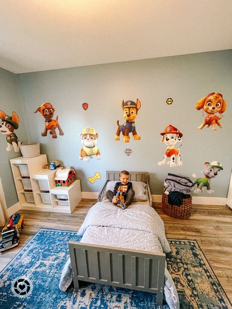 My 3 year olds Paw Patrol themed bedroom. Use code Monikasollis20 on Fathead’s website to get 20% off the decals! #toddler #pawpatrol #kidsroom #kidsroomdecor Toddler Boys Room Paw Patrol, Toddler Girl Paw Patrol Bedroom, 3 Year Boy Room Ideas, Two Year Old Bedroom Boy Rooms, Paw Patrol Room Ideas Toddler Girl, Paw Patrol Toddler Room Boys, Paw Patrol Boys Bedroom, Paw Patrol Room Ideas, Paw Patrol Room Ideas Toddler Boys