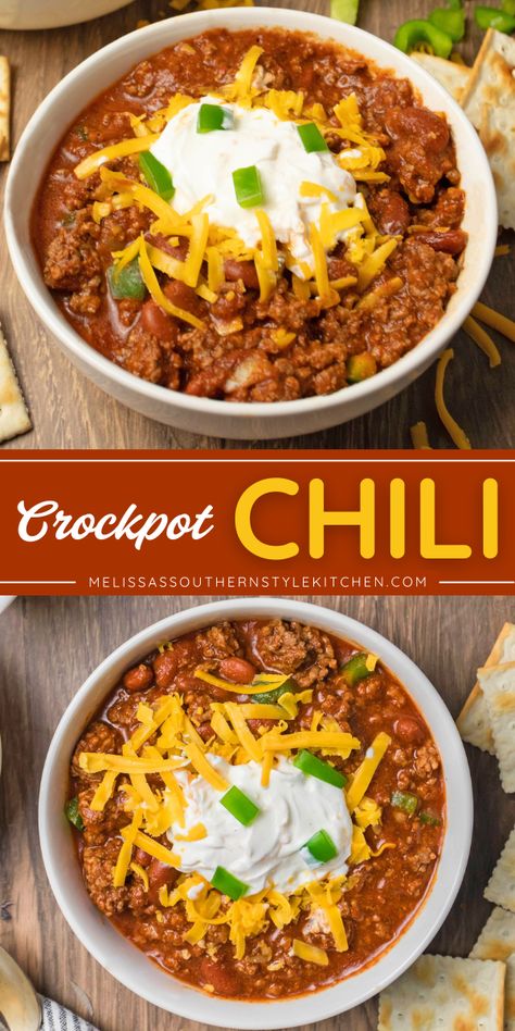 Simple to make the best crockpot dish! This Crockpot Chili recipe features ground beef combined with tomato sauce, beef stock, tomato paste, beans, vegetables, and seasonings. Serve with any of your favorite toppings for fall comfort food for dinner! Chili With Tomato Sauce, Southern Crockpot Chili, Chili Made With Tomato Soup, Chili Crockpot Recipes, Tomato Based Chili Recipe, Crockpot Chili Recipe, Chili With Fire Roasted Tomatoes, Crock Pot Chili With Tomato Juice, Chilli Recipe Crockpot