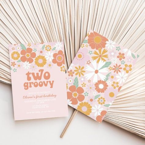 $2.98 | Two Groovy Retro Floral first birthday Invitation #retro, daisy, 70s, boho, girl, flowers, floral, peach, two groovy, second birthday Groovy Birthday Invitation, Two Groovy Birthday, Floral First Birthday, 98th Birthday, Two Groovy, Boho Fonts, Groovy Birthday, Floral Birthday Invitations, Retro Daisy