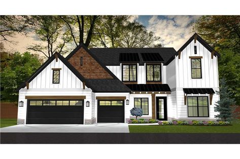 Front Entry Garage House Plans, 50 Ft Wide House Plans, Three Car Garage House Plans, White House’s With Black Trim, Shaker House Exterior, 3 Car Garage House Plans, Cottage Addition, Cottage Craftsman, Farmhouse Craftsman