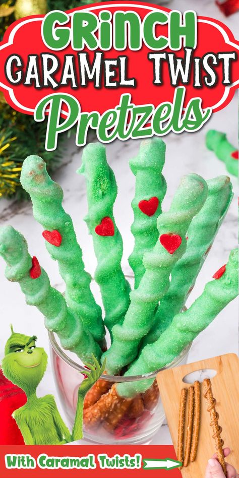 Grinch Pretzel Rods, Grinch Goodies, Grinch Foods, Grinch Pretzels, Whobilation Party, Grinch Dessert Ideas, Grinch Snacks, Grinch Board, Grinch Treats