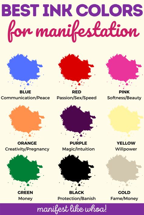 Manifestation Ink Color Meaning, Ink Color Meaning Witchcraft, Ink Colors For Manifesting, Colors For Manifestation, Manifesting Colors, Manifesting On Paper, Pen Colors For Manifesting, Manifesting With Colored Ink, Manifestation Colors