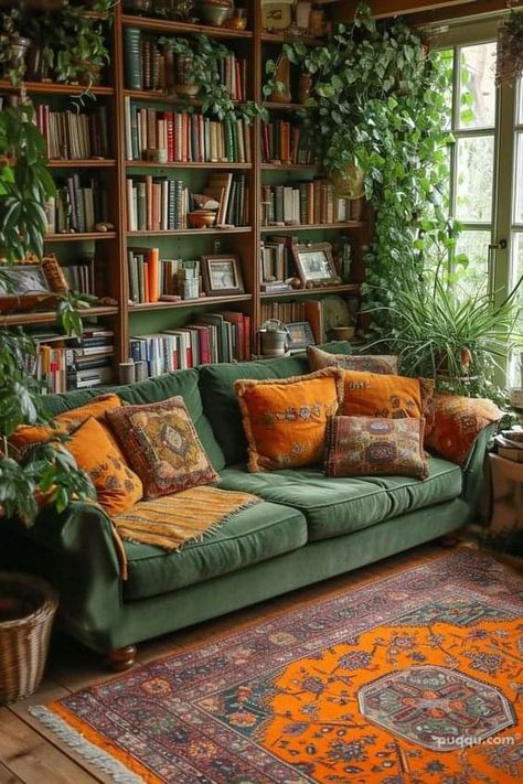 Unique Couch Ideas, Cozy Living Room Green Couch, Green Witch Living Room, Apartment Friendly Decor, Bookshelf Behind Couch, Afrocentric Kitchen, Classic Kitchen Style, Cozy Window Nook, Cozy Window