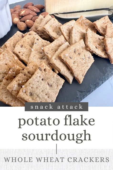 Potato Flake Sourdough Discard Whole Wheat Crackers - Little Tennessee Home Sourdough Starter Recipe With Potato Flakes, Recipe Using Sourdough Starter, Whole Wheat Crackers, Whole Wheat Sourdough, Crispy Crackers, Wheat Crackers, Potato Flakes, Sourdough Starter Recipe, Homemade Crackers