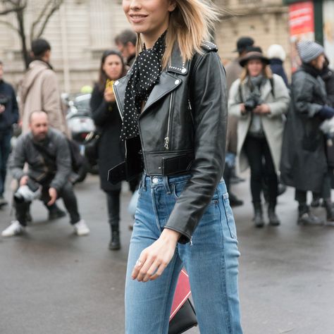 8 Surprising Ways to Rock a Moto Jacket - Play with Proportions  from InStyle.com Faux Jacket Outfit, Black Moto Jacket Outfit, Moto Leather Jacket Outfit, Moto Jacket Outfit, Moto Leather Jacket, Leather Jacket Outfit, Faux Jacket, Outfits To Try, Staple Tops