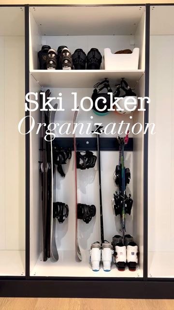 Ski Closet Organization, Ski Organization Storage Ideas, Ski Locker Organization, Mudroom Ski Storage, Snowboard Organization, Sport Gear Storage, Snowboard Storage Ideas, Ski Organization, Ski Closet