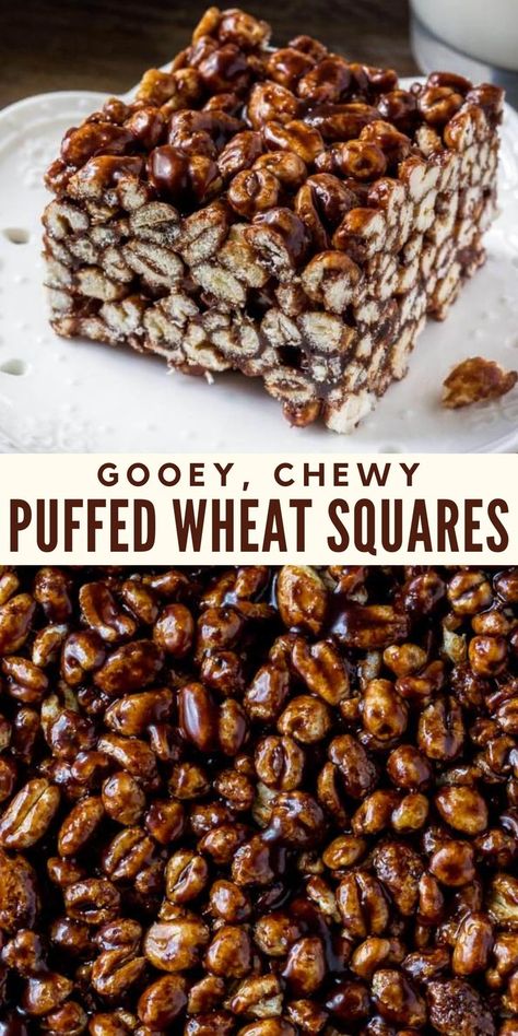 The perfect puffed wheat squares - just like grandma made! Chewy, a little gooey and filled with chocolate #puffedwheat #puffwheat #chocolate #retrodesserts #oldfashioned #easy from Just So Tasty Puffed Wheat Cake, Chocolate Cereal Treats, Puffed Wheat Squares, Puffed Wheat, Chocolate Puff, Dessert Squares, Easy Treat, Square Recipes, Cereal Treats