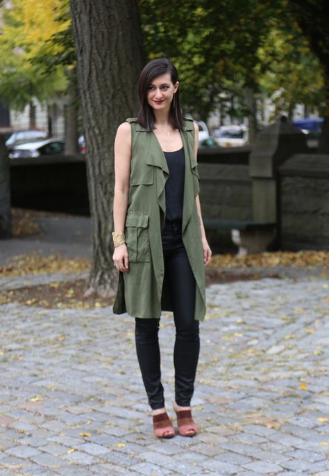 Long Vest: Zara   || Coated Jeans: Madewell || Silk Top (it's a dress that I tucked in!): Urban Outfitters (old, shop similar ) ||  Heels: Nina Originals Utility Vest Outfit, Olive Green Outfit, Dressy Vest, Trench Outfit, Waistcoat Outfit, Long Shrug, Long Waistcoat, Sleeveless Trench, Coated Jeans