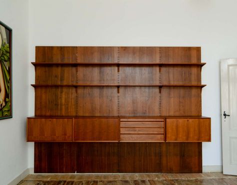 For sale: Large Mid-Century Design Teak Wood Poul Cadovius Wall Unit, Denmark 1960s Beautiful Woodwork, Mid Century Wall Unit, 70s Furniture, Murugan Wallpapers, 70s Interior, Bookshelves In Living Room, Shelving Storage, Teak Wall, Office Guest Room