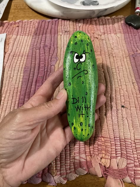 “Dill with it” pickle Pickle Rocks Painting, Dill Pickle Painted Rock, Painted Pickle Rocks, Rock Painting Pickle, Cucumber Rock Painting, Pickle Rock Painting Ideas, Pickle Gifts Ideas, Pickle Painted Rock, Pickle Rick Painting