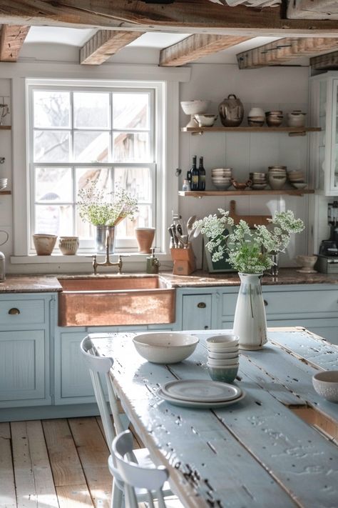 35+ Rustic Kitchen Design Inspirations - TastyInteriors Wood Quartz Countertops, Rustic Antique Kitchen, Swedish Country Kitchen, Ikea Rustic Kitchen, English Countryside Kitchen, Blue Rustic Kitchen, Blue Cottage Kitchen, Cabin Kitchens Rustic, Country Blue Kitchen