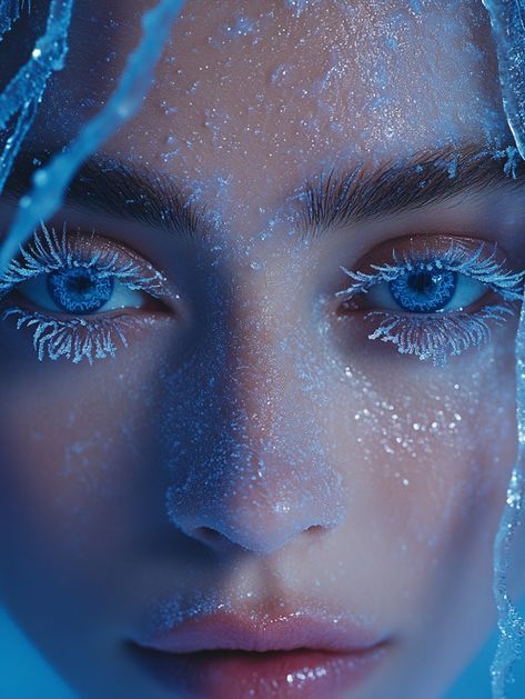 Frost Makeup Ice Queen, Ice Princess Photoshoot, Frost Makeup Look, Ice Queen Makeup Halloween, Ice Makeup Looks, Winter Makeup Looks Ice Queen, Ice Queen Photoshoot, Ice Princess Aesthetic, Icy Makeup Looks