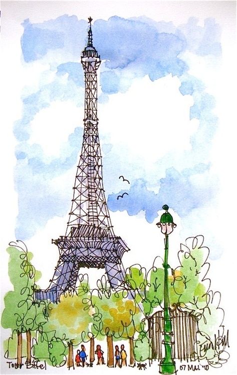 Paris Illustration, Watercolor Architecture, Travel Sketches, Paris Art, Watercolor Art Lessons, The Eiffel Tower, Watercolor Sketch, Urban Sketching, Watercolor Drawing