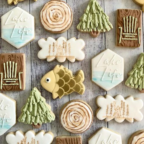 Lake Theme Cookies Decorated, Lake Cookie Ideas, Lake Decorated Cookies, Cabin Cookies, Lake Birthday, Lake Theme, Baking Hobby, Lake Love, Fish Cookies