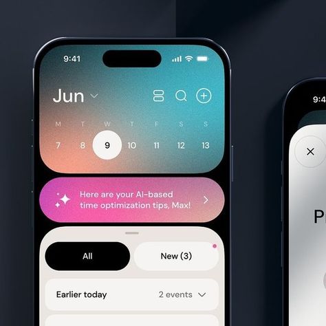 Orizon Design UI UX Web on Instagram: "Shoutout to @maxdesign.os 👏 for this sleek AI Calendar app 🗓️✨. Beautiful gradient backgrounds with a crisp layout help this calendar app stand out 🌈📅. Let us know what you think in the comments! 👇 #AICalendar #AppDesign #CalendarApp #UserExperience #SleekDesign #TechInnovation" Gradient App Design, Gradient Ui Design, Simple App Design, Calendar App Design, Calendar Ui Design, Calender Ui, Ios App Design Inspiration, Ios App Logo, Social App Design