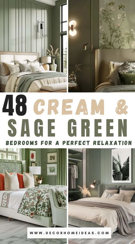 Discover 48 serene sage green and cream bedroom color combinations to transform your space into a haven of relaxation. Find inspiration for your perfect calming retreat and learn how to blend these soothing hues for a tranquil ambiance. Sage Green And Cream Bedroom, Soft Green Bedroom, Green And Cream Bedroom, Grey Green Bedrooms, Green Bedroom Colors, Sage Green Bedroom Ideas, Light Green Bedrooms, Sage Bedroom, Cream Bedroom