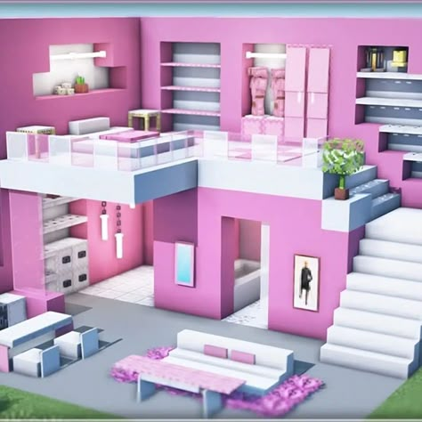 Make yourself a brand new bedroom interior design in Minecraft, but you can't figure out how a pink-themed style would turn out. Then you should check this modern pink duplex Bedroom in Minecraft! It features a very creative layout that players will indeed find amusing! So check it out now! Chalet Minecraft, Mansion Minecraft, Construction Minecraft, Modern Minecraft Houses, Case Minecraft, Rumah Minecraft Sederhana, Minecraft Mansion, Minecraft Interior, Minecraft Interior Design