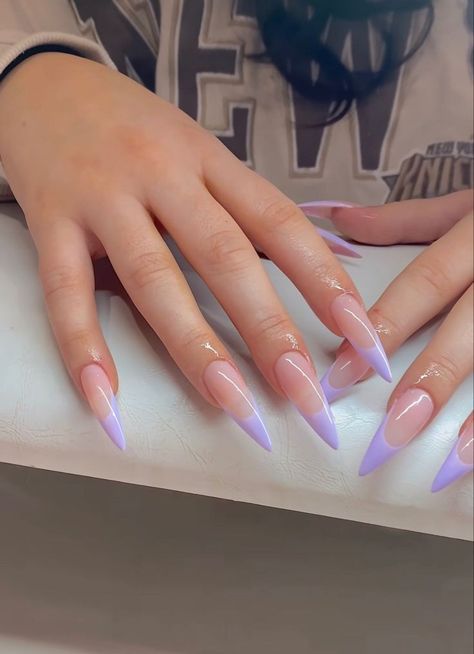 Long Almond Nails Aesthetic, Almond Nails Long French, Almond Nails Ideas French Tip, Long Almond Acrylic Nails French Tip, Lavender Stiletto Nails, French Manicure Stiletto Nails, Purple Nails Stiletto, Almond French Tip Nails Color, French Tip Nails Stiletto