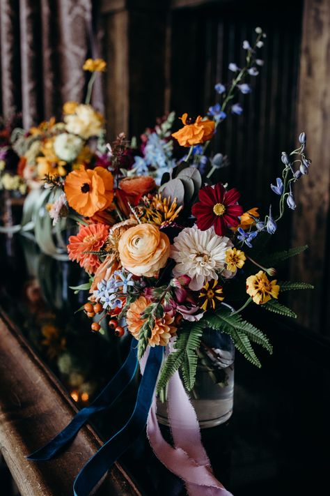 Rainbow Wedding Floral Designs Gallery — Ampersand Moody Rainbow Wedding, Jewel Tones Bouquet, Colorful Wedding Bouquet Fall, Moody Wildflower Bouquet, September Table Centerpieces, Vibrant Fall Wedding Flowers, Whimsical Fall Wedding Flowers, Wild Flower Wedding Colors, Colourful Autumn Wedding