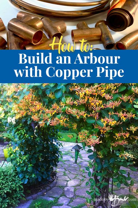 Copper Pipe Art, Metal Garden Arbor, Backyard Builds, Copper Trellis, Arbor Garden, Poolside Garden, Copper Garden, Grape Trellis, Attic Ideas