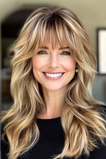 Save this pin for the best layered hair with bangs ideas. These stunning long layers add volume and lightness, preventing long hair from feeling heavy. The bangs create a soft frame that draws attention to your eyes. Long Hair Styles With Layers And Bangs, Long Layer With Bangs Haircut, Long Haircut With Layers Fine Hair, Long Shaggy Layers With Bangs, Long Haircuts With Bangs Round Face, Long Hair Heavy Bangs, Women’s Long Length Hairstyles, Long Curtain Bangs Face Framing Layers Long Hair, Layered Hair From The Back