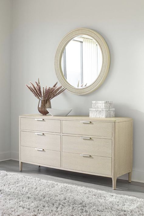 Woven Round Mirror | Pearl Collection, Palmetto Home Dimensions: 40"W x 2"D x 40"H Parker Dresser, Beige Dresser, Cream Color Bedroom, Brushed Nickel Drawer Pulls, White Oak Veneer, Drawer Glides, Oak Bedroom, White Oak Wood, Stylish Storage Solutions