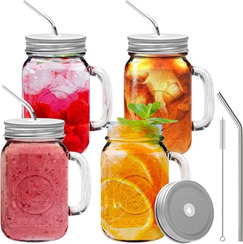 16oz Glass Mason Jar with Lid and Straw Set of 4 - Mason Jars with Handle for Cold Drinks - Glass Mason Jars with Metal Mason Jar Lids with Straw Hole and Stainless Steel Straws Mason Jar Uses, Mason Jar Drinking Glasses, Jar Cups, Mason Jar Glasses, Mason Jars With Handles, Mason Jar Drinks, Mason Jar Mugs, Mason Jar Cups, Drinking Jars