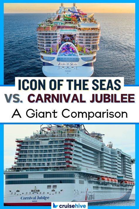 Planning a cruise, but you're unsure which ship to travel on? Read our Icon of the Seas vs. Carnival Jubilee guide. We cover everything! via @cruisehive Carnival Jubilee Cruise Ship, Carnival Jubilee, Icon Of The Seas, Carnival Cruise Tips, Cruise Packing Tips, Cruise Ideas, Celebrity Cruise, Cruise Planning, Cruise Excursions