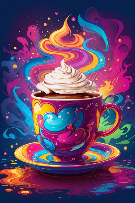 Painted Coffee Cup, Colorful Art Paintings, Magic Coffee, 4k Phone Wallpapers, Rainbow Coffee, Panda Art, Android Wallpaper Flowers, Cafe Art, Mobile Screen