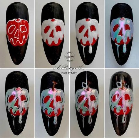 Poisoned Apple Nails, Poison Apple Nail Art, Nail Art Pictorial, Poison Apple Drawing, Poison Apple Nails, Poison Nails, Horror Nail Art, Apple Nails, Halloween Nail Art Tutorial