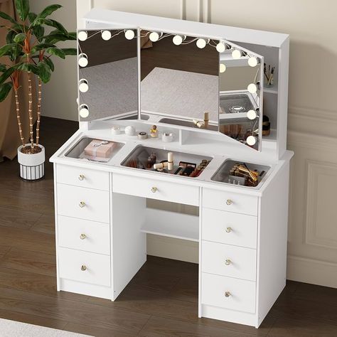 Amazon.com: ROMSHINE Large Vanity Desk with Trifold Mirrors & Hollywood Bulbs, 43.3" W Glass Top Makeup Vanity with Lights in 3 Color Modes & Brightness Adjustable, Makeup Desk with 9 Drawers for Storage, White : Home & Kitchen Preppy Room With Vanity, Clear Top Vanity, Vanity Amazon, Vanity With Lights, Vanity Inspo, Vanity Inspiration, Makeup Vanity Lighting, Desk Vanity, Beauty Room Vanity